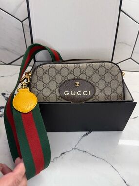 Gucci Beige GG Supreme Crossbody with Green-Red Web and Yellow Leather Tag